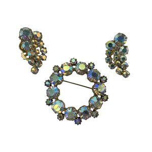 Vtg Aurora Borealis Rhinestone Brooch & Clip On Earrings Gold Tone Eveningwear